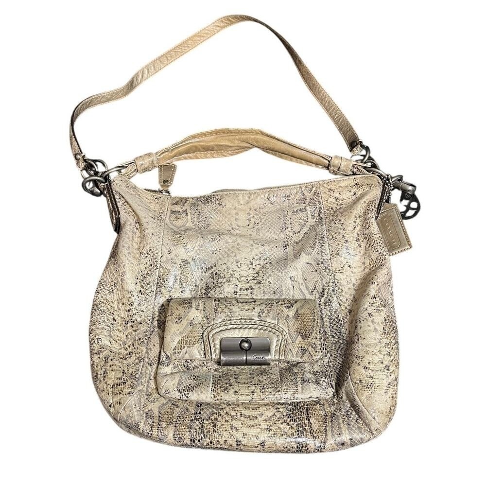 Coach Hobo Bag Womens Medium Beige Snakeskin Print Metallic Leather Shoulder Bag